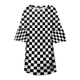 Детское платье 3D с принтом Шахматка мелкая в Тюмени, 100% полиэстер | прямой силуэт, чуть расширенный к низу. Круглая горловина, на рукавах — воланы | Тематика изображения на принте: квадраты | мелкая шахматка | текстуры | узор шахматка | узоры | чб | чб квадраты | чб узор | шахматка | шахматная доска | шахматы