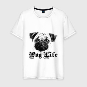 Мужская футболка хлопок с принтом Pug life в Тюмени, 100% хлопок | прямой крой, круглый вырез горловины, длина до линии бедер, слегка спущенное плечо. | pug life | арт | животные | мопс | собака | собачья жизнь
