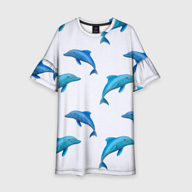 Детское платье 3D с принтом Рай для дельфина в Тюмени, 100% полиэстер | прямой силуэт, чуть расширенный к низу. Круглая горловина, на рукавах — воланы | Тематика изображения на принте: арт | дельфин | дельфины | искусство | морское | океан | паттерн | рыба | рыбы