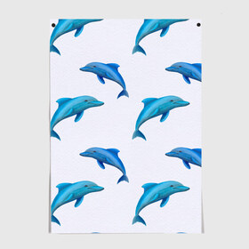 Постер с принтом Рай для дельфина в Тюмени, 100% бумага
 | бумага, плотность 150 мг. Матовая, но за счет высокого коэффициента гладкости имеет небольшой блеск и дает на свету блики, но в отличии от глянцевой бумаги не покрыта лаком | Тематика изображения на принте: арт | дельфин | дельфины | искусство | морское | океан | паттерн | рыба | рыбы