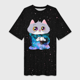 Платье-футболка 3D с принтом Котёнок в пледе в Тюмени,  |  | Тематика изображения на принте: cat | kitty | в пледе | кот | кот в пледе | котенок | котёнок в | котик | кошка | с кружкой | с чашкой | сберкот | сберкот с кружкой | со стаканом | стикер | стикер со сберкотом