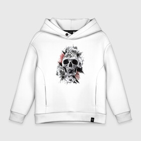 Детское худи Oversize хлопок с принтом Skull в Тюмени, френч-терри — 70% хлопок, 30% полиэстер. Мягкий теплый начес внутри —100% хлопок | боковые карманы, эластичные манжеты и нижняя кромка, капюшон на магнитной кнопке | Тематика изображения на принте: flower | grin | jaw | orbits | rose | skull | teeth | глазницы | зубы | оскал | пасть | роза | цветок | череп