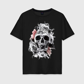 Женская футболка хлопок Oversize с принтом Skull в Тюмени, 100% хлопок | свободный крой, круглый ворот, спущенный рукав, длина до линии бедер
 | flower | grin | jaw | orbits | rose | skull | teeth | глазницы | зубы | оскал | пасть | роза | цветок | череп