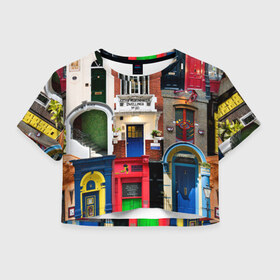 Женская футболка Crop-top 3D с принтом London doors цифровой коллаж в Тюмени, 100% полиэстер | круглая горловина, длина футболки до линии талии, рукава с отворотами | англия | архитектура | великобритания | двери | дверь | лондон | окно | проем | туризм | цифровой коллаж