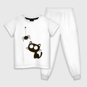 Детская пижама хлопок с принтом Котик и паучек в Тюмени, 100% хлопок |  брюки и футболка прямого кроя, без карманов, на брюках мягкая резинка на поясе и по низу штанин
 | высказывание | идея | котик | манера | мемы | паук | разные | рисунок | символ