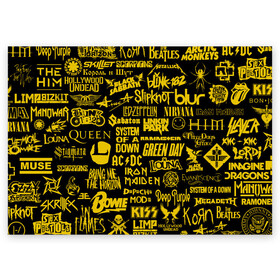 Поздравительная открытка с принтом Логотипы рок групп GOLD в Тюмени, 100% бумага | плотность бумаги 280 г/м2, матовая, на обратной стороне линовка и место для марки
 | Тематика изображения на принте: ac dc | deep purple | him | hollywood undead | iron maiden | kiss | limp bizkit | linkin park | louna | manowar | metallica | rammstein | slipknot | thirty seconds to mars | алиса | групп | логотипы | луна | рок