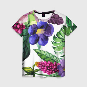 Женская футболка 3D с принтом Цветы в Тюмени, 100% полиэфир ( синтетическое хлопкоподобное полотно) | прямой крой, круглый вырез горловины, длина до линии бедер | big picture | лето | листья | прикольные картинки | тропические | цветы