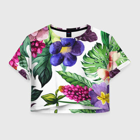 Женская футболка Crop-top 3D с принтом Цветы в Тюмени, 100% полиэстер | круглая горловина, длина футболки до линии талии, рукава с отворотами | big picture | лето | листья | прикольные картинки | тропические | цветы