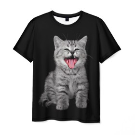 Мужская футболка 3D с принтом Кричащий кот. в Тюмени, 100% полиэфир | прямой крой, круглый вырез горловины, длина до линии бедер | Тематика изображения на принте: животные | звери | зевающий кот | кися | кот | котенок | котики | коты | кричащий кот | минимализм | питомцы | прикольные картинки