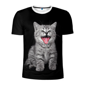 Мужская футболка 3D спортивная с принтом Кричащий кот. в Тюмени, 100% полиэстер с улучшенными характеристиками | приталенный силуэт, круглая горловина, широкие плечи, сужается к линии бедра | Тематика изображения на принте: животные | звери | зевающий кот | кися | кот | котенок | котики | коты | кричащий кот | минимализм | питомцы | прикольные картинки