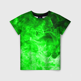 Детская футболка 3D с принтом ОГОНЬ GREEN NEON в Тюмени, 100% гипоаллергенный полиэфир | прямой крой, круглый вырез горловины, длина до линии бедер, чуть спущенное плечо, ткань немного тянется | Тематика изображения на принте: битва огней | зеленый | неон | неоновый | огонь | пламя | пожар | салатовый | стихия | текстура | цветной | яркий