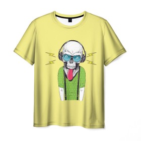 Мужская футболка 3D с принтом Череп в наушниках в Тюмени, 100% полиэфир | прямой крой, круглый вырез горловины, длина до линии бедер | арт | меломан | музыка | скелет | хипстер | череп