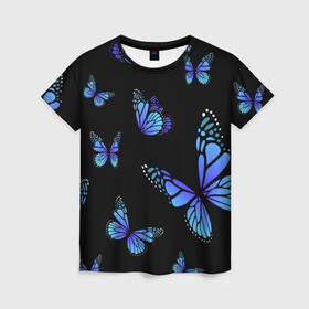 Женская футболка 3D с принтом НЕОНОВЫЕ БАБОЧКИ | BUTTERFLY NEON в Тюмени, 100% полиэфир ( синтетическое хлопкоподобное полотно) | прямой крой, круглый вырез горловины, длина до линии бедер | animals | blue | butterflies | game | insects | life is strange | moth | wings | бабочки | животные | игра | крылья | мотылек | насекомые