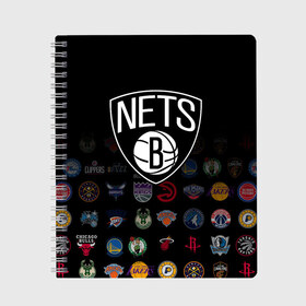 Тетрадь с принтом Brooklyn Nets (1) в Тюмени, 100% бумага | 48 листов, плотность листов — 60 г/м2, плотность картонной обложки — 250 г/м2. Листы скреплены сбоку удобной пружинной спиралью. Уголки страниц и обложки скругленные. Цвет линий — светло-серый
 | Тематика изображения на принте: 