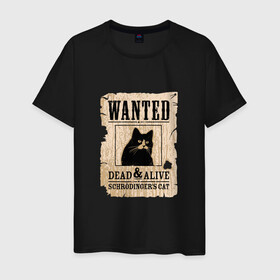 Мужская футболка хлопок с принтом Кот в Тюмени, 100% хлопок | прямой крой, круглый вырез горловины, длина до линии бедер, слегка спущенное плечо. | Тематика изображения на принте: cat | wanted | живым или мертвым | кот | кот шредингера | котэ | опасен | разыскивается | чёрный кот