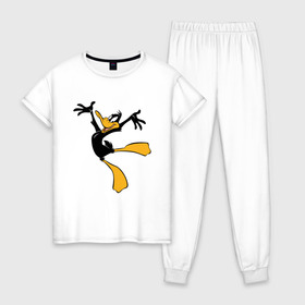 Женская пижама хлопок с принтом Даффи Дак в Тюмени, 100% хлопок | брюки и футболка прямого кроя, без карманов, на брюках мягкая резинка на поясе и по низу штанин | daffy duck | looney tunes | vdzabma | даффи дак | луни тюнз