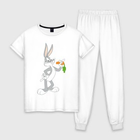 Женская пижама хлопок с принтом Багз Банни в Тюмени, 100% хлопок | брюки и футболка прямого кроя, без карманов, на брюках мягкая резинка на поясе и по низу штанин | bugs bunny | looney tunes | vdzabma | багз банни | луни тюнз