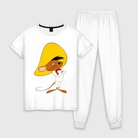 Женская пижама хлопок с принтом Спиди Гонзалес в Тюмени, 100% хлопок | брюки и футболка прямого кроя, без карманов, на брюках мягкая резинка на поясе и по низу штанин | looney tunes | speedy gonzales | vdzabma | луни тюнз