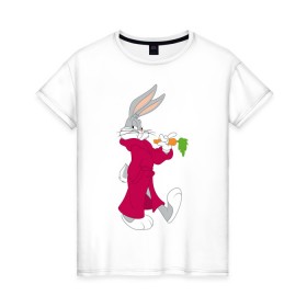 Женская футболка хлопок с принтом Багз Банни в Тюмени, 100% хлопок | прямой крой, круглый вырез горловины, длина до линии бедер, слегка спущенное плечо | bugs bunny | looney tunes | vdzabma | багз банни | луни тюнз