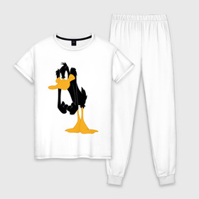 Женская пижама хлопок с принтом Даффи Дак в Тюмени, 100% хлопок | брюки и футболка прямого кроя, без карманов, на брюках мягкая резинка на поясе и по низу штанин | daffy duck | looney tunes | vdzabma | даффи дак | луни тюнз