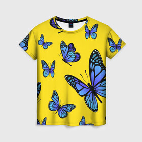 Женская футболка 3D с принтом БАБОЧКИ в Тюмени, 100% полиэфир ( синтетическое хлопкоподобное полотно) | прямой крой, круглый вырез горловины, длина до линии бедер | animals | blue | butterflies | game | insects | life is strange | moth | wings | бабочки | животные | игра | крылья | мотылек | насекомые