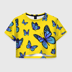 Женская футболка Crop-top 3D с принтом БАБОЧКИ в Тюмени, 100% полиэстер | круглая горловина, длина футболки до линии талии, рукава с отворотами | animals | blue | butterflies | game | insects | life is strange | moth | wings | бабочки | животные | игра | крылья | мотылек | насекомые