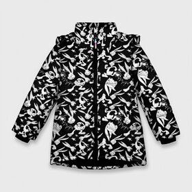 Зимняя куртка для девочек 3D с принтом Багз Банни паттерн в Тюмени, ткань верха — 100% полиэстер; подклад — 100% полиэстер, утеплитель — 100% полиэстер. | длина ниже бедра, удлиненная спинка, воротник стойка и отстегивающийся капюшон. Есть боковые карманы с листочкой на кнопках, утяжки по низу изделия и внутренний карман на молнии. 

Предусмотрены светоотражающий принт на спинке, радужный светоотражающий элемент на пуллере молнии и на резинке для утяжки. | bugs bunny | looney tunes | vdzabma | багз банни | луни тюнз