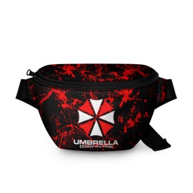 Поясная сумка 3D с принтом Umbrella Corporation. в Тюмени, 100% полиэстер | плотная ткань, ремень с регулируемой длиной, внутри несколько карманов для мелочей, основное отделение и карман с обратной стороны сумки застегиваются на молнию | resident evil | umbrella corporation | амбрелла | амбрелла корпорейшн | вирус | вымышленная военная и фармацевтическая корпорация | игра | умбрелла