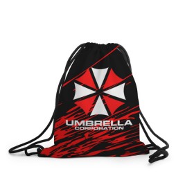 Рюкзак-мешок 3D с принтом Umbrella Corporation. в Тюмени, 100% полиэстер | плотность ткани — 200 г/м2, размер — 35 х 45 см; лямки — толстые шнурки, застежка на шнуровке, без карманов и подкладки | resident evil | umbrella corporation | амбрелла | амбрелла корпорейшн | вирус | вымышленная военная и фармацевтическая корпорация | игра | умбрелла