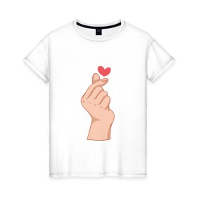 Женская футболка хлопок с принтом Корейское сердечко в Тюмени, 100% хлопок | прямой крой, круглый вырез горловины, длина до линии бедер, слегка спущенное плечо | жест | жесты | корейское сердечко | корейцы | люблю | люблю тебя | любовь | популярное | сердечко | сердце | симпатия | я люблю