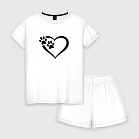 Женская пижама с шортиками хлопок с принтом СЕРДЕЧКО в Тюмени, 100% хлопок | футболка прямого кроя, шорты свободные с широкой мягкой резинкой | animals | cat | dog | footprints | heart | love | paws | prints | romance | valentines day | wolf | амур | валентинка | влюбленные | волк | день святого валентина | животные | кот | лапы | любовь | отпечатки | романтика | сердечко | сердце