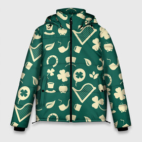 Мужская зимняя куртка 3D с принтом Ирландский арт в Тюмени, верх — 100% полиэстер; подкладка — 100% полиэстер; утеплитель — 100% полиэстер | длина ниже бедра, свободный силуэт Оверсайз. Есть воротник-стойка, отстегивающийся капюшон и ветрозащитная планка. 

Боковые карманы с листочкой на кнопках и внутренний карман на молнии. | арфа | день святого патрика | дудлинг | ирландия | клевер | леприкон | подкова | текстуры | трехлистный клевер | трландец | фон
