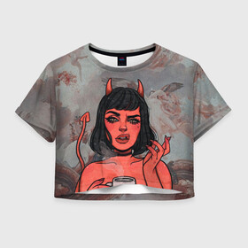 Женская футболка Crop-top 3D с принтом КОФЕЕК в Тюмени, 100% полиэстер | круглая горловина, длина футболки до линии талии, рукава с отворотами | coffee | demon | girl | демон | дьявол | кофе | суккуба