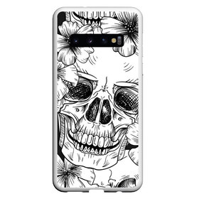 Чехол для Samsung Galaxy S10 с принтом Цветочный череп в Тюмени, Силикон | Область печати: задняя сторона чехла, без боковых панелей | art | арт | белое | дудлинг | текстуры | фон | цветок | цветы | череп | черепа | чёрное