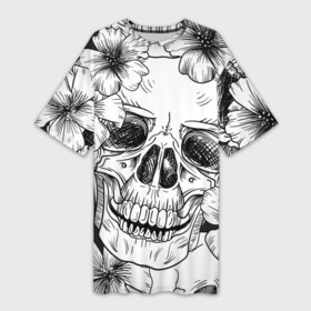 Платье-футболка 3D с принтом Цветочный череп в Тюмени,  |  | art | арт | белое | дудлинг | текстуры | фон | цветок | цветы | череп | черепа | чёрное