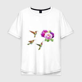 Мужская футболка хлопок Oversize с принтом Колибри в Тюмени, 100% хлопок | свободный крой, круглый ворот, “спинка” длиннее передней части | звери | колибри | пионы | птицы