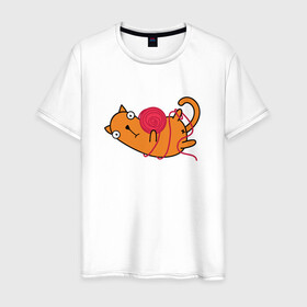 Мужская футболка хлопок с принтом What? в Тюмени, 100% хлопок | прямой крой, круглый вырез горловины, длина до линии бедер, слегка спущенное плечо. | Тематика изображения на принте: cartoon | cat | kitty | вязание | игра | играет | клубок | кот | котёнок | котик | кошка | мультяшный | нитки | персонаж | рисованый | розовый | симпатичный | удивление | шутка | юмор