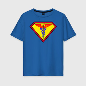Женская футболка хлопок Oversize с принтом Доктор - Супермен в Тюмени, 100% хлопок | свободный крой, круглый ворот, спущенный рукав, длина до линии бедер
 | белые халаты | вирус | вирусолог | врач | змея | инфекционист | мед | медик | медицина символ | медсестра | подарок | символика | супер