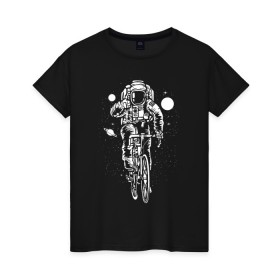 Женская футболка хлопок с принтом Космонавт на велосипеде в Тюмени, 100% хлопок | прямой крой, круглый вырез горловины, длина до линии бедер, слегка спущенное плечо | 12 апреля | mars one | nasa | space | астронавт | байк | велик | велосипед | гагарин | день космонавтики | звезды | земля | илон маск | космический | космонавт | космос | луна | марс ван | мкс | наса | насо | нло
