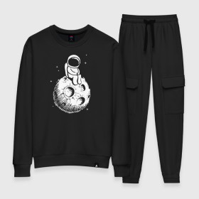 Женский костюм хлопок с принтом Космонавт на луне в Тюмени, 100% хлопок | на свитшоте круглая горловина, мягкая резинка по низу. Брюки заужены к низу, на них два вида карманов: два 