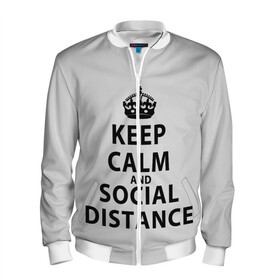 Мужской бомбер 3D с принтом Keep Calm And Social Distance в Тюмени, 100% полиэстер | застегивается на молнию, по бокам два кармана без застежек, по низу бомбера и на воротнике - эластичная резинка | 2019 | biohazard | calm | china | coronavirus | covid 19 | inc | keep | ncov | ncov19 | ncov2019 | plague | survivor | virus | warning | вирус | дистанцию | коронавирус | соблюдай