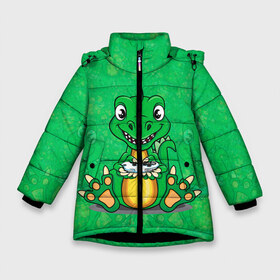 Зимняя куртка для девочек 3D с принтом Дракоша-геймер в Тюмени, ткань верха — 100% полиэстер; подклад — 100% полиэстер, утеплитель — 100% полиэстер. | длина ниже бедра, удлиненная спинка, воротник стойка и отстегивающийся капюшон. Есть боковые карманы с листочкой на кнопках, утяжки по низу изделия и внутренний карман на молнии. 

Предусмотрены светоотражающий принт на спинке, радужный светоотражающий элемент на пуллере молнии и на резинке для утяжки. | Тематика изображения на принте: dino | dinosaur | gamer | rex | t rex | ti rex | дино | динозавр | динозаврик | дракон | дракончик | дракоша | приставка | рекс | тираннозавр | тиранозавр | тирранозавр