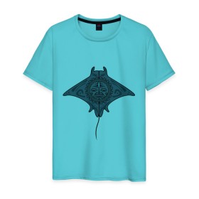 Мужская футболка хлопок с принтом Огромный скат ,,манта в Тюмени, 100% хлопок | прямой крой, круглый вырез горловины, длина до линии бедер, слегка спущенное плечо. | дизайнер | иллюстрация | картинка | морские животные | рисунок | скат | узор | художник