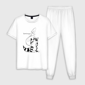 Мужская пижама хлопок с принтом Курьер - Енот 2 - Пенсия в Тюмени, 100% хлопок | брюки и футболка прямого кроя, без карманов, на брюках мягкая резинка на поясе и по низу штанин
 | reminor | енот | животные | курьер | мультфильм