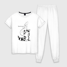 Женская пижама хлопок с принтом Курьер - Енот 2 - Пенсия в Тюмени, 100% хлопок | брюки и футболка прямого кроя, без карманов, на брюках мягкая резинка на поясе и по низу штанин | reminor | енот | животные | курьер | мультфильм