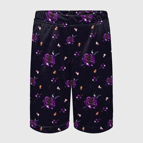Детские спортивные шорты 3D с принтом фиолетовые розы на темном фоне в Тюмени,  100% полиэстер
 | пояс оформлен широкой мягкой резинкой, ткань тянется
 | ботаника | ежевичный | лиловый | патерн | пурпурный | розы | сиреневый | стильный | темный | тренды | узор | фиолетовый | цветочки | цветы | чернильный | черничный