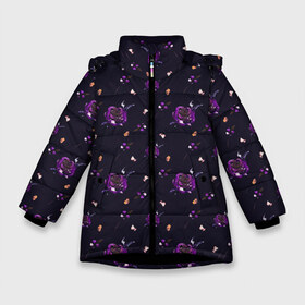 Зимняя куртка для девочек 3D с принтом фиолетовые розы на темном фоне в Тюмени, ткань верха — 100% полиэстер; подклад — 100% полиэстер, утеплитель — 100% полиэстер. | длина ниже бедра, удлиненная спинка, воротник стойка и отстегивающийся капюшон. Есть боковые карманы с листочкой на кнопках, утяжки по низу изделия и внутренний карман на молнии. 

Предусмотрены светоотражающий принт на спинке, радужный светоотражающий элемент на пуллере молнии и на резинке для утяжки. | Тематика изображения на принте: ботаника | ежевичный | лиловый | патерн | пурпурный | розы | сиреневый | стильный | темный | тренды | узор | фиолетовый | цветочки | цветы | чернильный | черничный