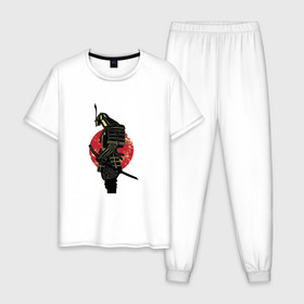 Мужская пижама хлопок с принтом Самурай в Тюмени, 100% хлопок | брюки и футболка прямого кроя, без карманов, на брюках мягкая резинка на поясе и по низу штанин
 | texture | vector | арт | для него | для нее | картина | меч | подарок | прикольные | самурай | текстура