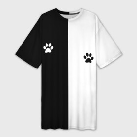 Платье-футболка 3D с принтом Кошачьи следы в Тюмени,  |  | black and white | cat | животные | кот | кошачий след | кошка | половина | черно белый | чёрный и белый