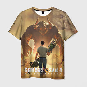 Мужская футболка 3D с принтом Serious Sam 4 в Тюмени, 100% полиэфир | прямой крой, круглый вырез горловины, длина до линии бедер | croteam | devolver | digital | games | planet | sam | serious | игры | крутой | планета | сэм